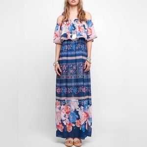 Jealous Tomato Off The Shoulder Pink & Blue Chiffon Flowy Floral Maxi Dress